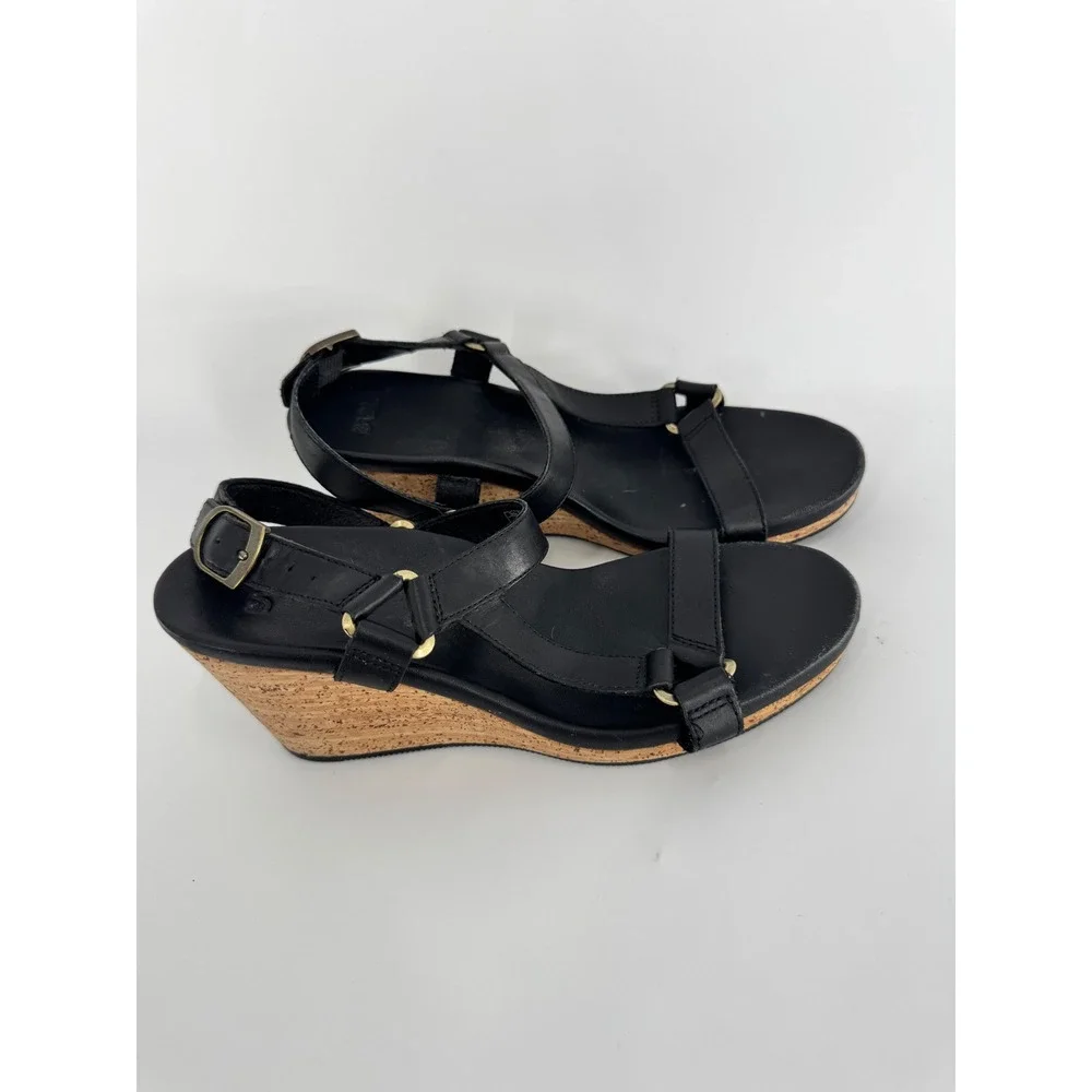 Teva Arrabelle Wedge Sandals‎ Women Size 7 Black Leather Cork Heel Strappy